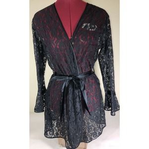 Cassini Intimates Lingerie Robe Sheer Lacey Short Flared Sleeves Black Size S